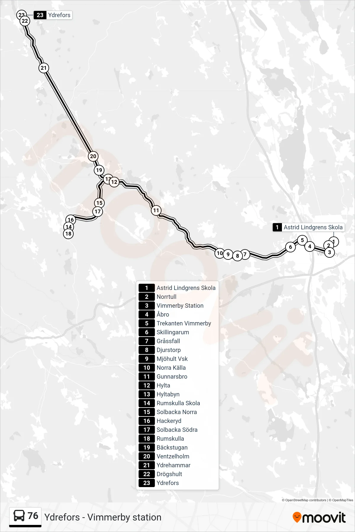 Rutt och hållplatser på karta för linje 76 spårvagn, (Ydrefors)
