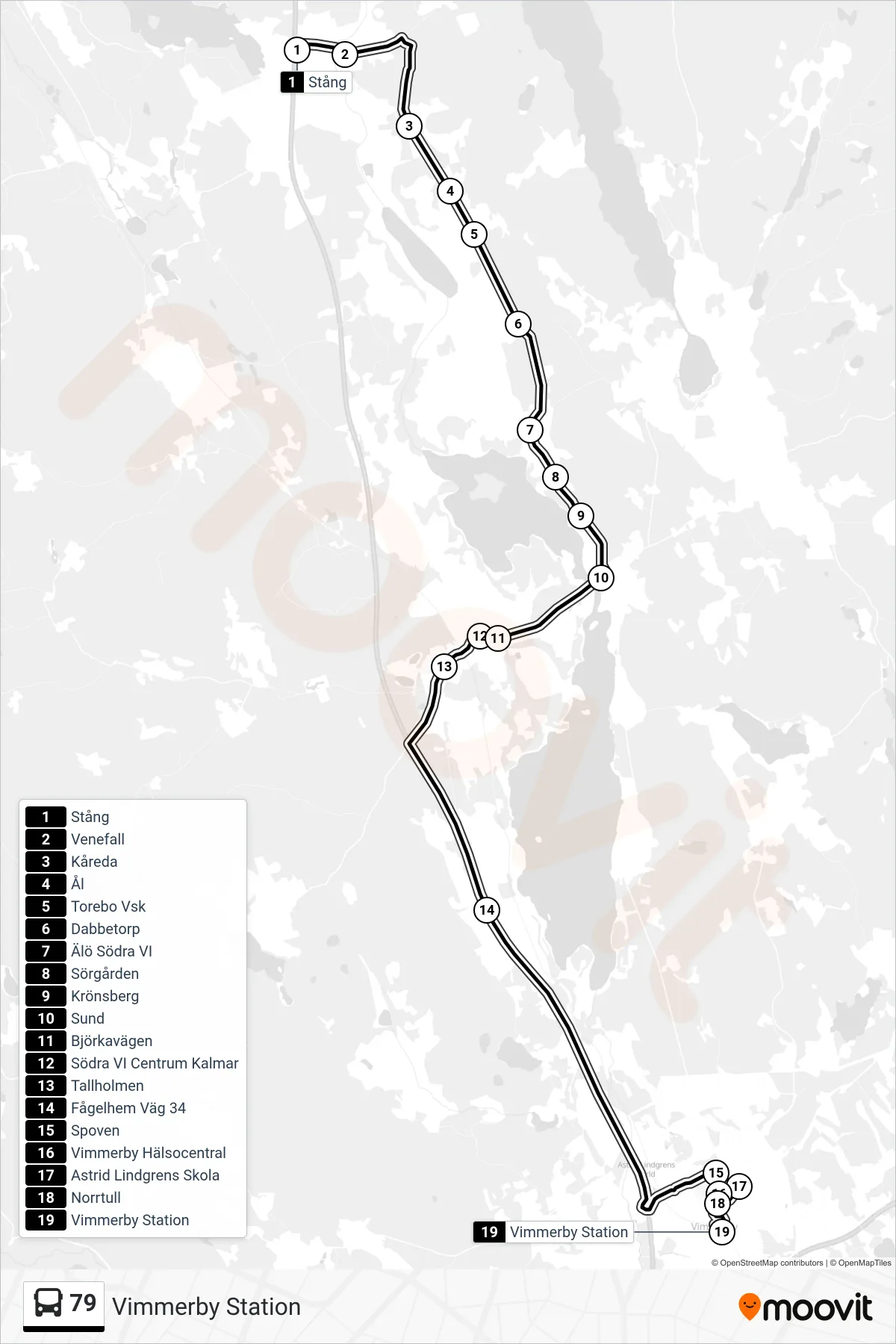 Rutt och hållplatser på karta för linje 79 spårvagn, (Vimmerby Station)