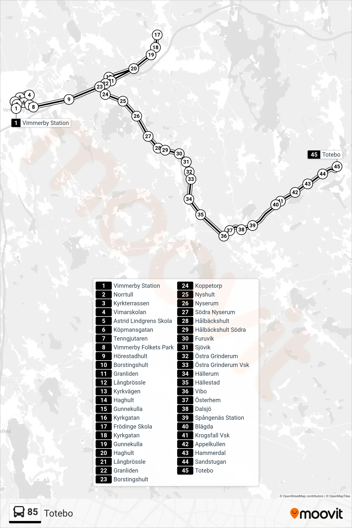 Rutt och hållplatser på karta för linje 85  spårvagn, (Totebo)