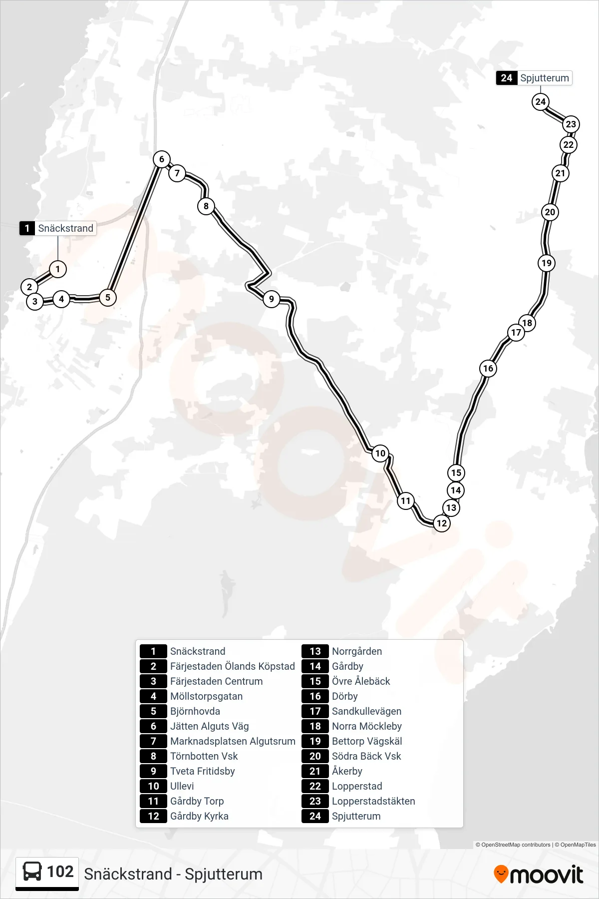Rutt och hållplatser på karta för linje 102  spårvagn, (Spjutterum)