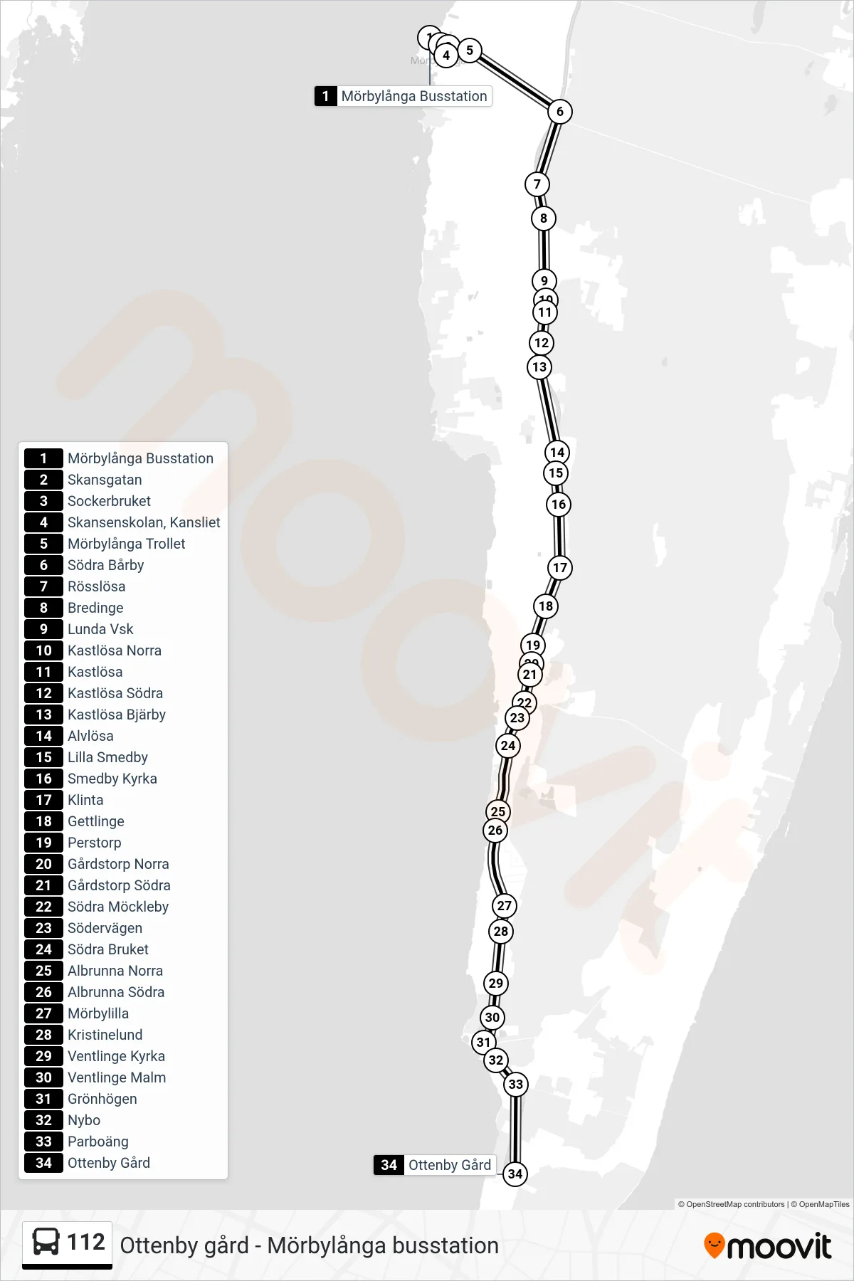 Rutt och hållplatser på karta för linje 112 spårvagn, (Ottenby Gård)
