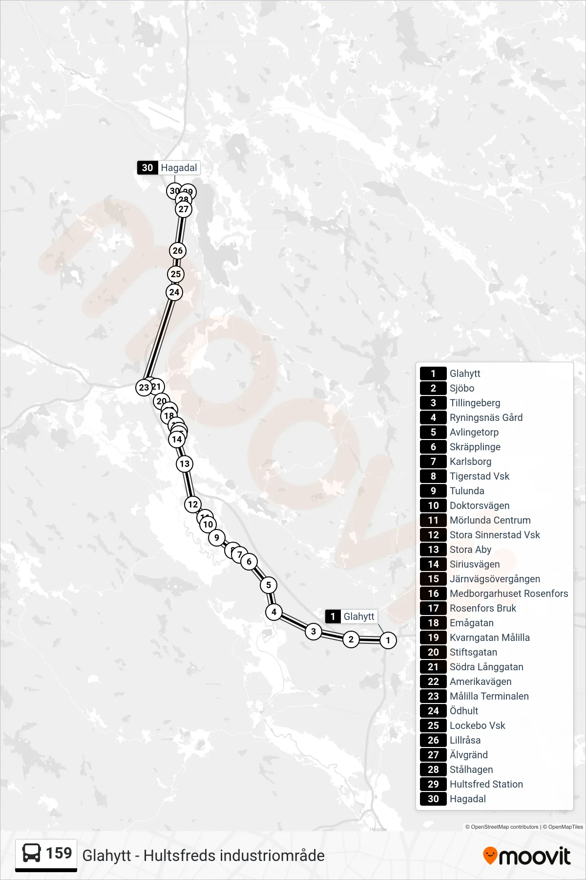 Rutt och hållplatser på karta för linje 159 spårvagn, (Hagadal)
