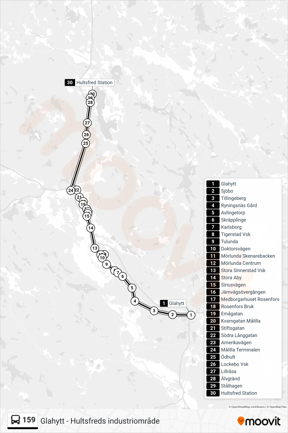 Rutt och hållplatser på karta för linje 159 spårvagn, (Hultsfred Station)