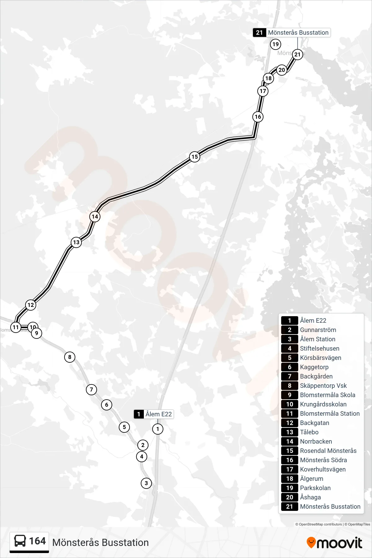 Rutt och hållplatser på karta för linje 164 spårvagn, (Mönsterås Busstation)