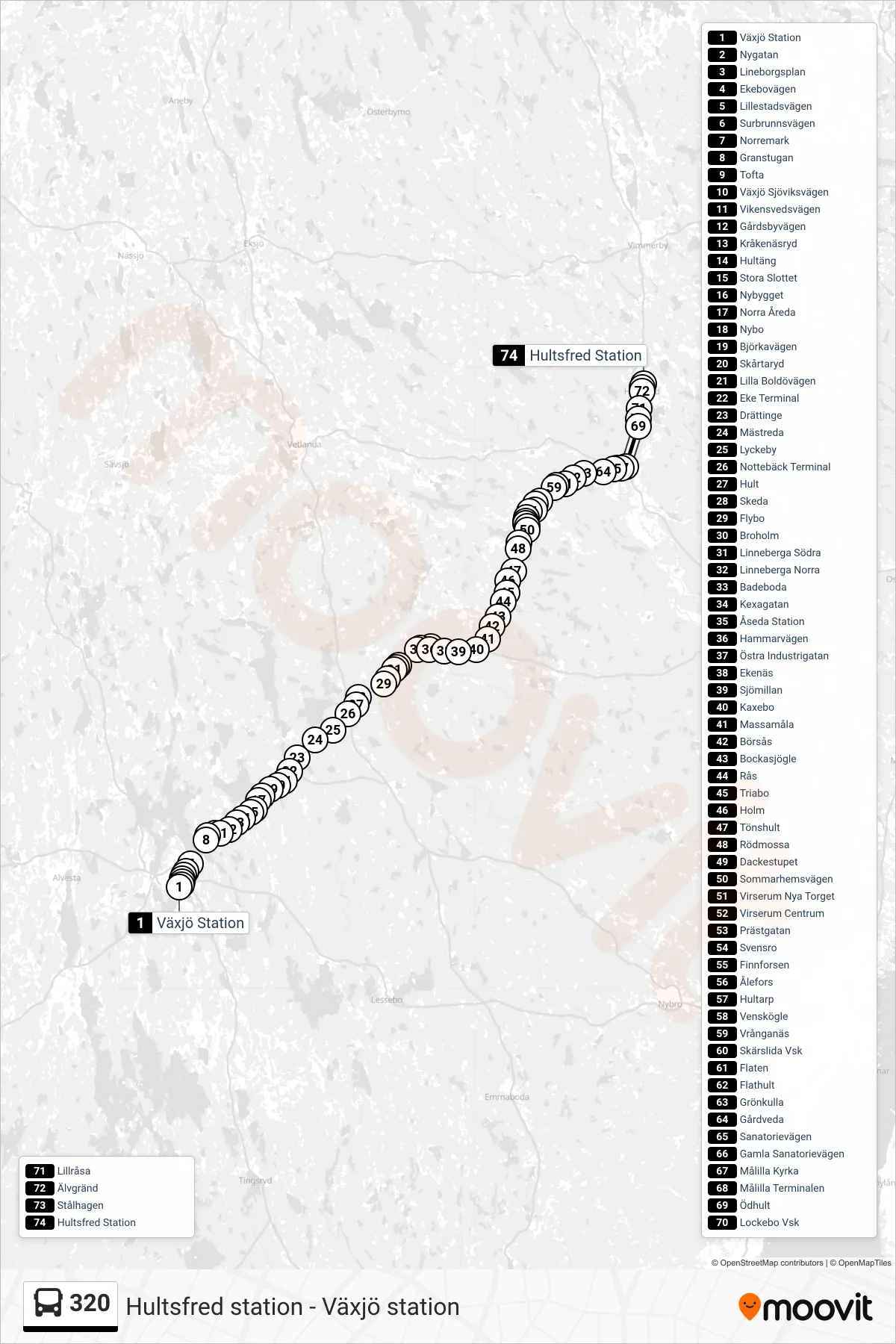 Rutt och hållplatser på karta för linje 320 spårvagn, (Hultsfred Station)
