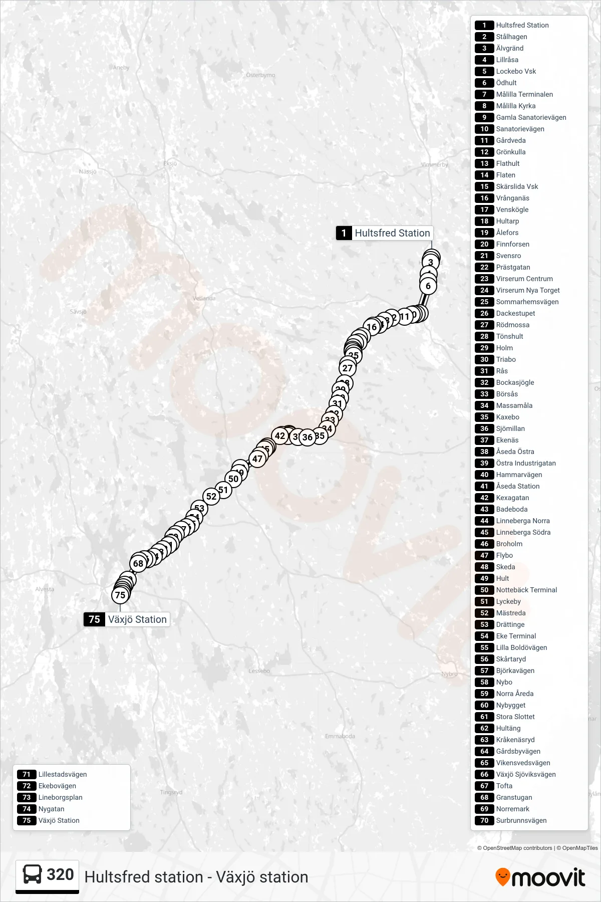 Rutt och hållplatser på karta för linje 320  spårvagn, (Växjö Station)