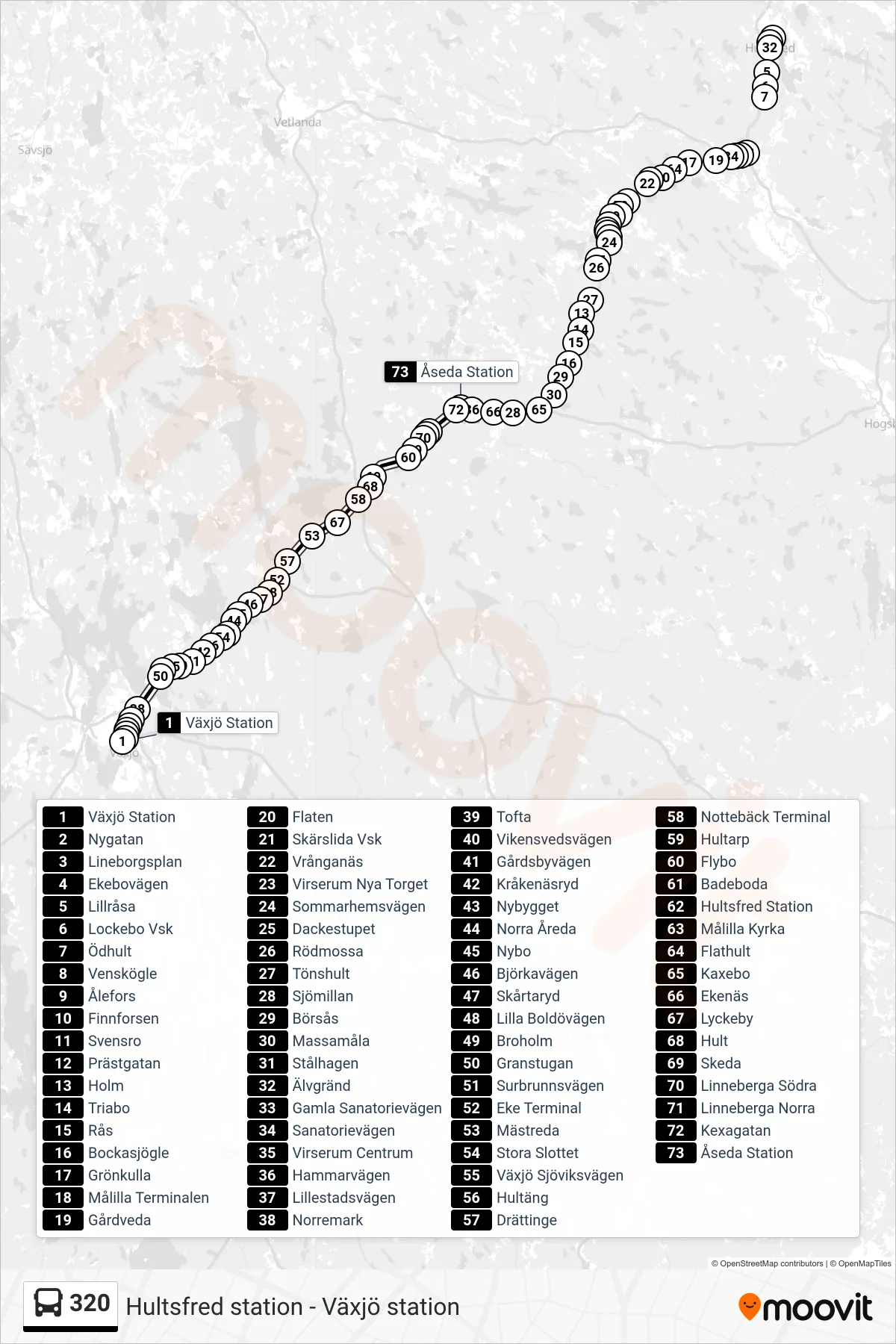 Rutt och hållplatser på karta för linje 320  spårvagn, (Åseda Station)