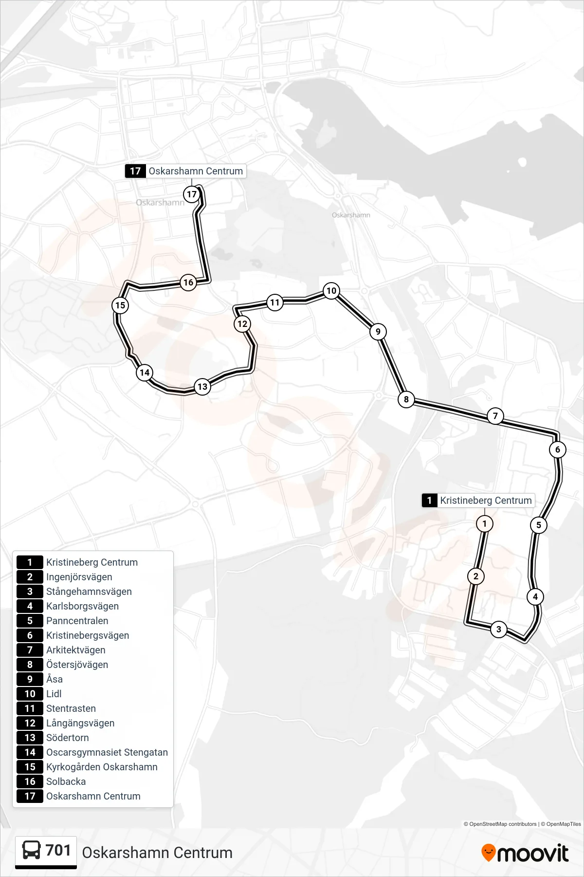 Rutt och hållplatser på karta för linje 701 spårvagn, (Oskarshamn Centrum)