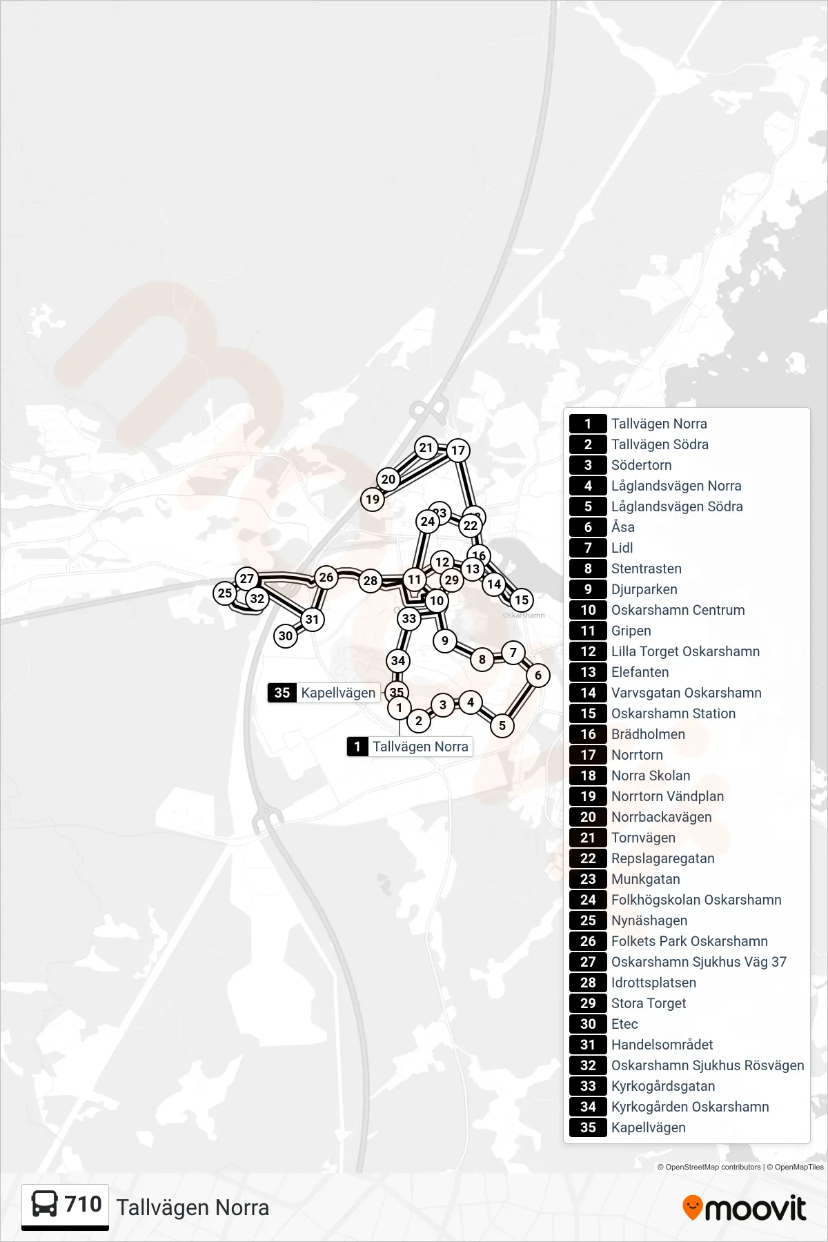 Rutt och hållplatser på karta för linje 710 spårvagn, (Tallvägen Norra)