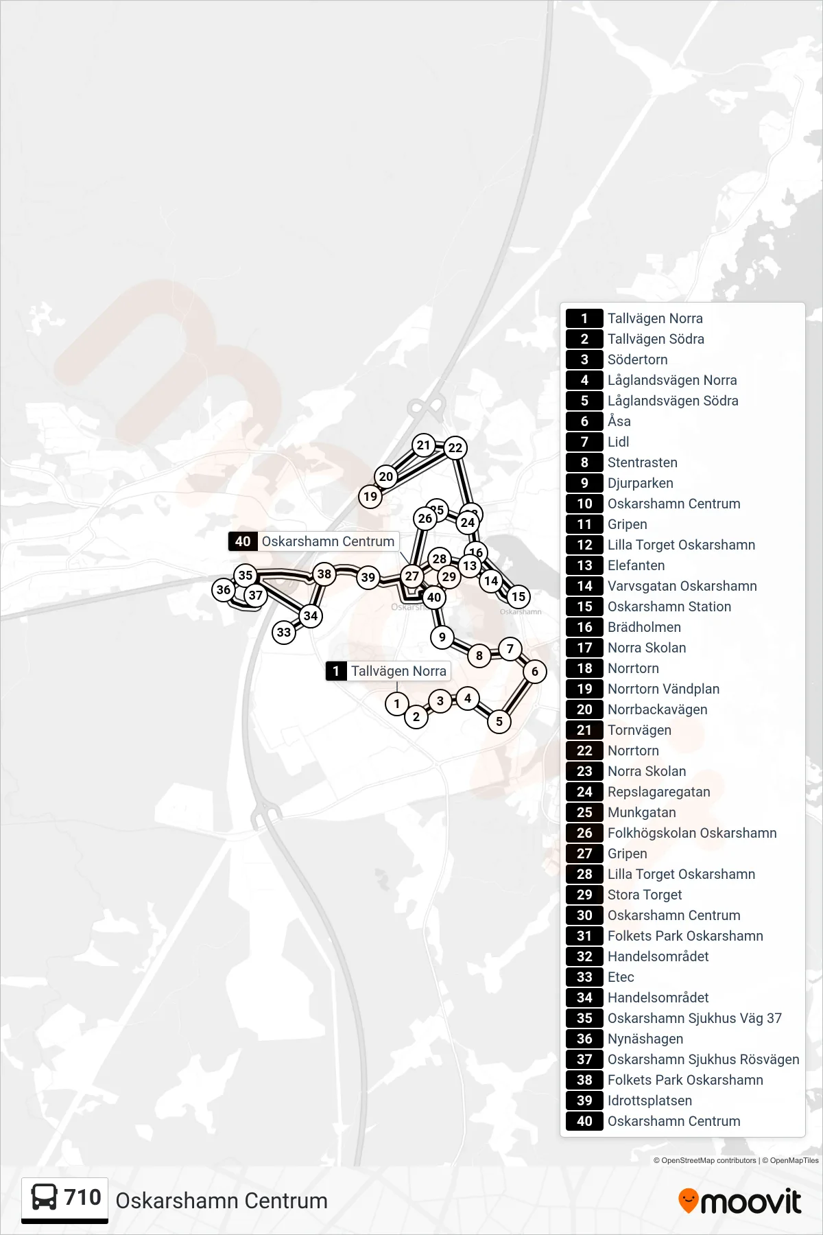 Rutt och hållplatser på karta för linje 710 spårvagn, (Oskarshamn Centrum)