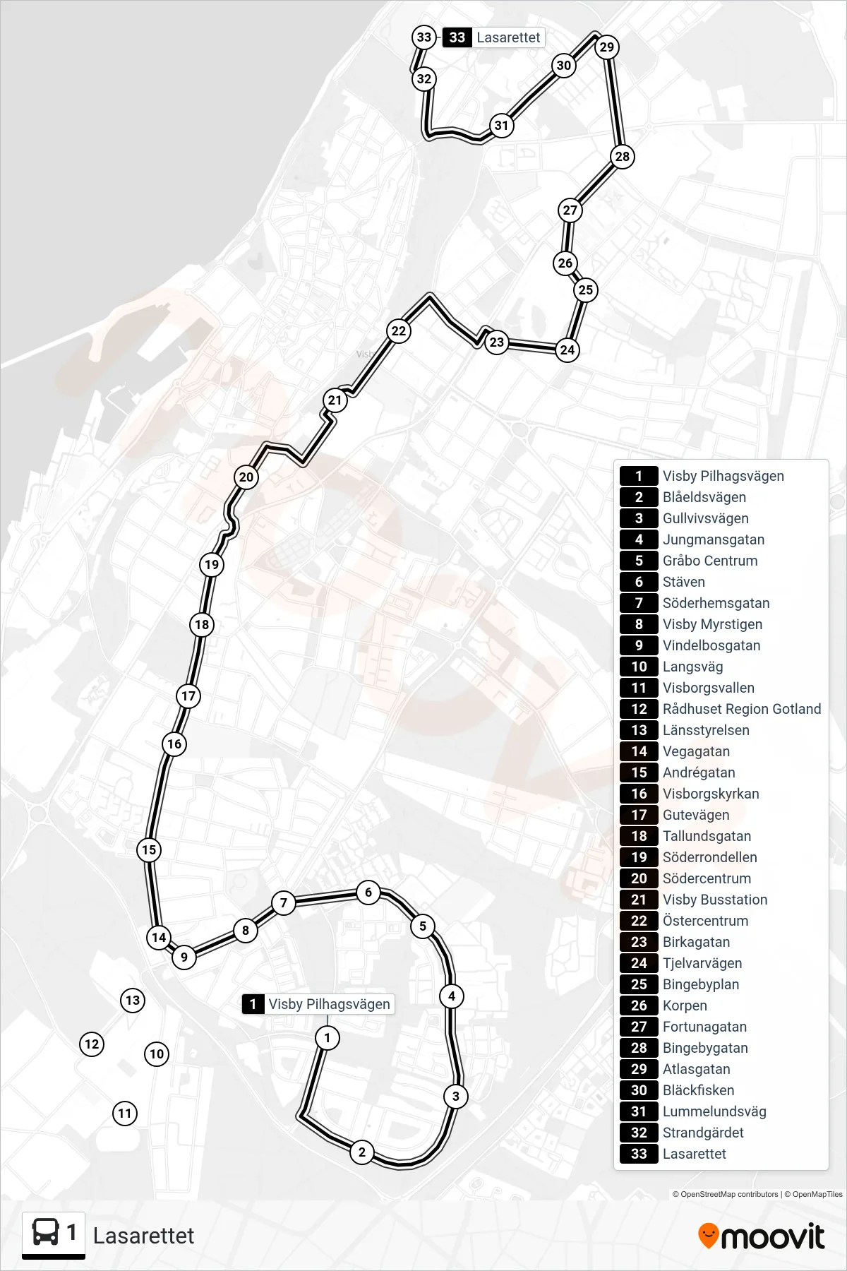 Rutt och hållplatser på karta för linje 1 spårvagn, (Lasarettet)