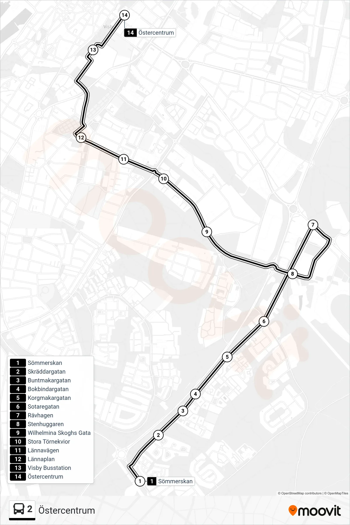 Rutt och hållplatser på karta för linje 2  spårvagn, (Östercentrum)