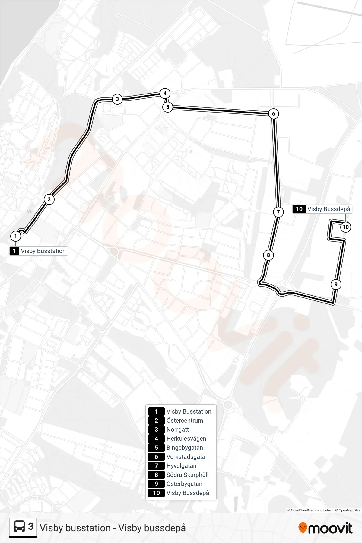 Rutt och hållplatser på karta för linje 3 spårvagn, (Visby Bussdepå)