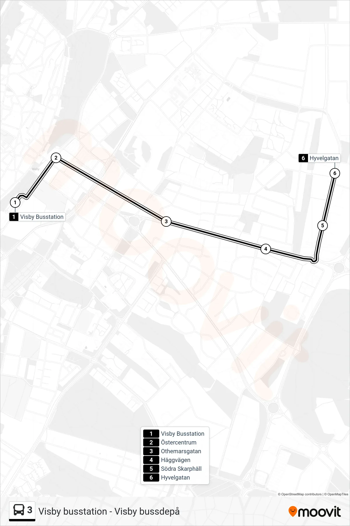Rutt och hållplatser på karta för linje 3 spårvagn, (Hyvelgatan)