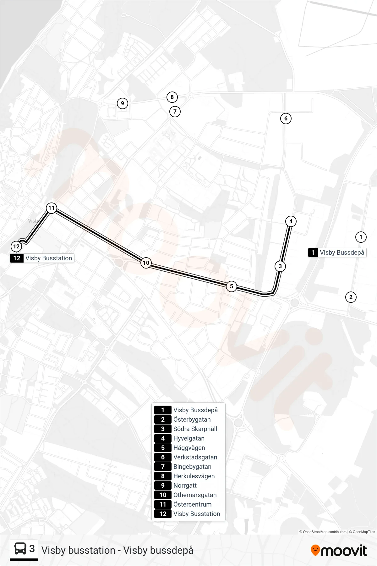Rutt och hållplatser på karta för linje 3 spårvagn, (Visby Busstation)