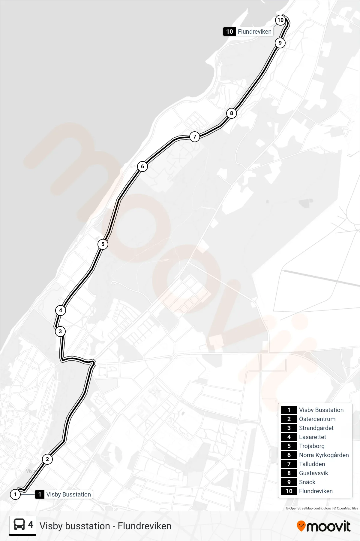 Rutt och hållplatser på karta för linje 4 spårvagn, (Flundreviken)