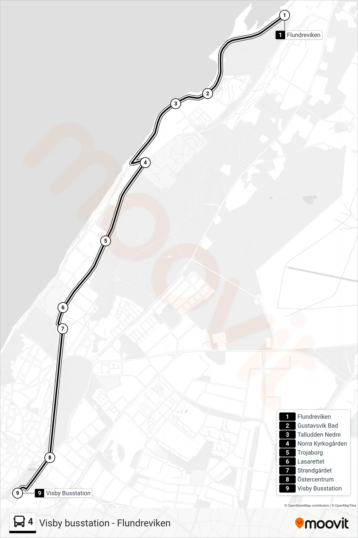 Rutt och hållplatser på karta för linje 4 spårvagn, (Visby Busstation)