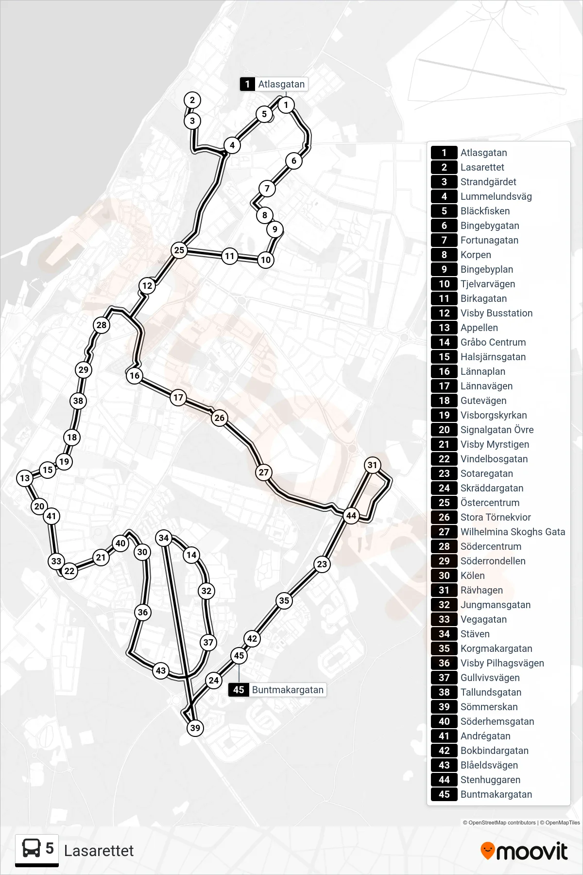 Rutt och hållplatser på karta för linje 5  spårvagn, (Lasarettet)