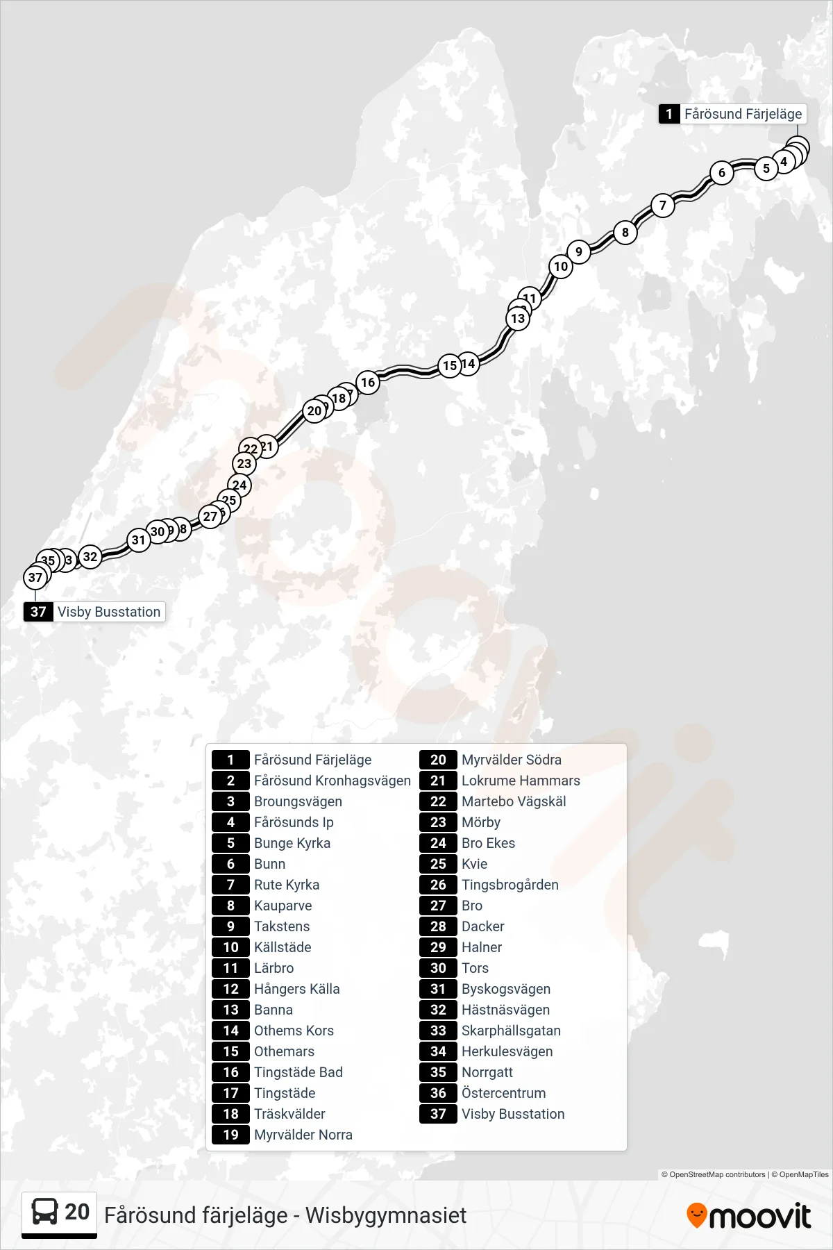 Rutt och hållplatser på karta för linje 20 spårvagn, (Visby Busstation)