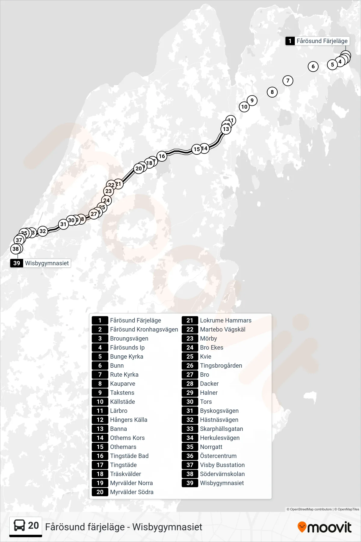 Rutt och hållplatser på karta för linje 20 spårvagn, (Wisbygymnasiet)