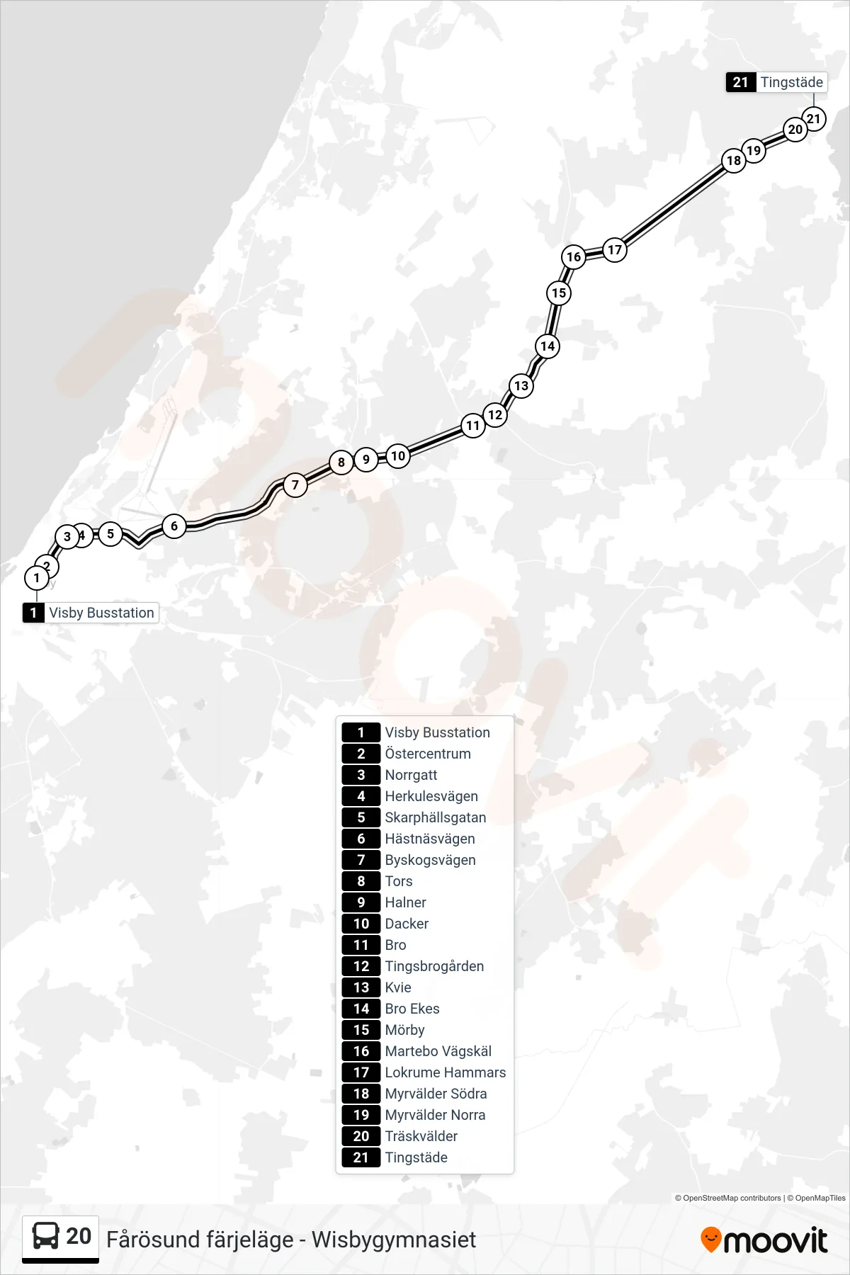 Rutt och hållplatser på karta för linje 20 spårvagn, (Tingstäde)