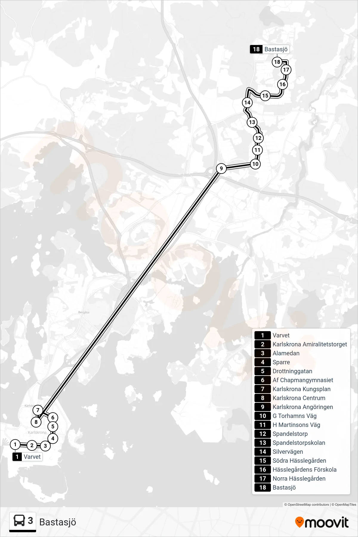 Rutt och hållplatser på karta för linje 3 buss, (Bastasjö)