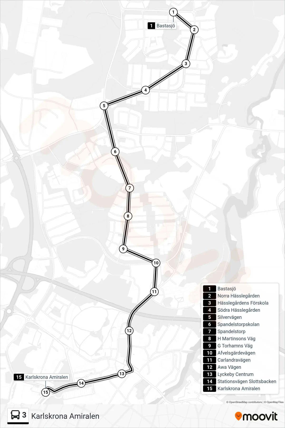Rutt och hållplatser på karta för linje 3  buss, (Karlskrona Amiralen)