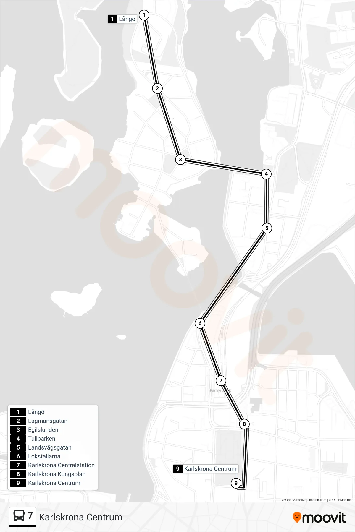 Rutt och hållplatser på karta för linje 7 buss, (Karlskrona Centrum)