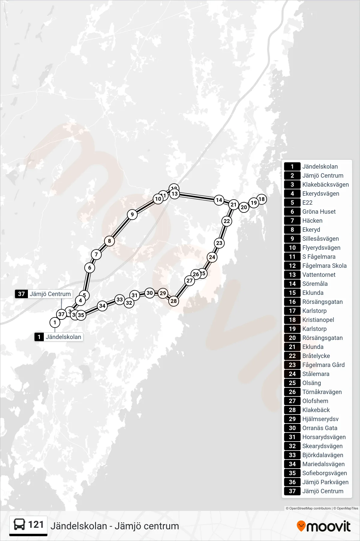 Rutt och hållplatser på karta för linje 121  buss, (Jämjö Centrum)