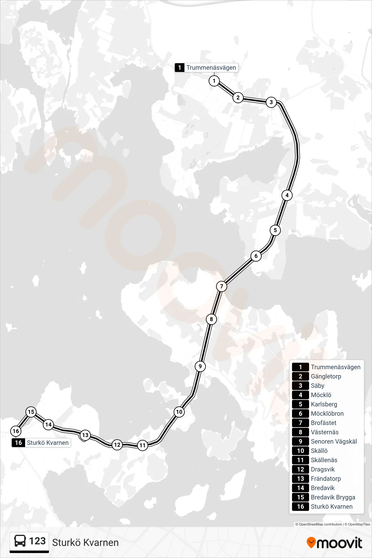 Rutt och hållplatser på karta för linje 123  buss, (Sturkö Kvarnen)