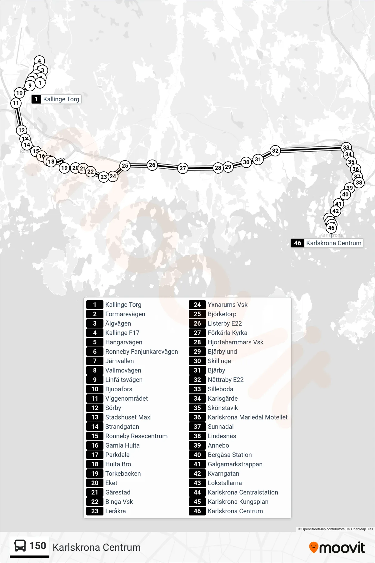 Rutt och hållplatser på karta för linje 150  buss, (Karlskrona Centrum)
