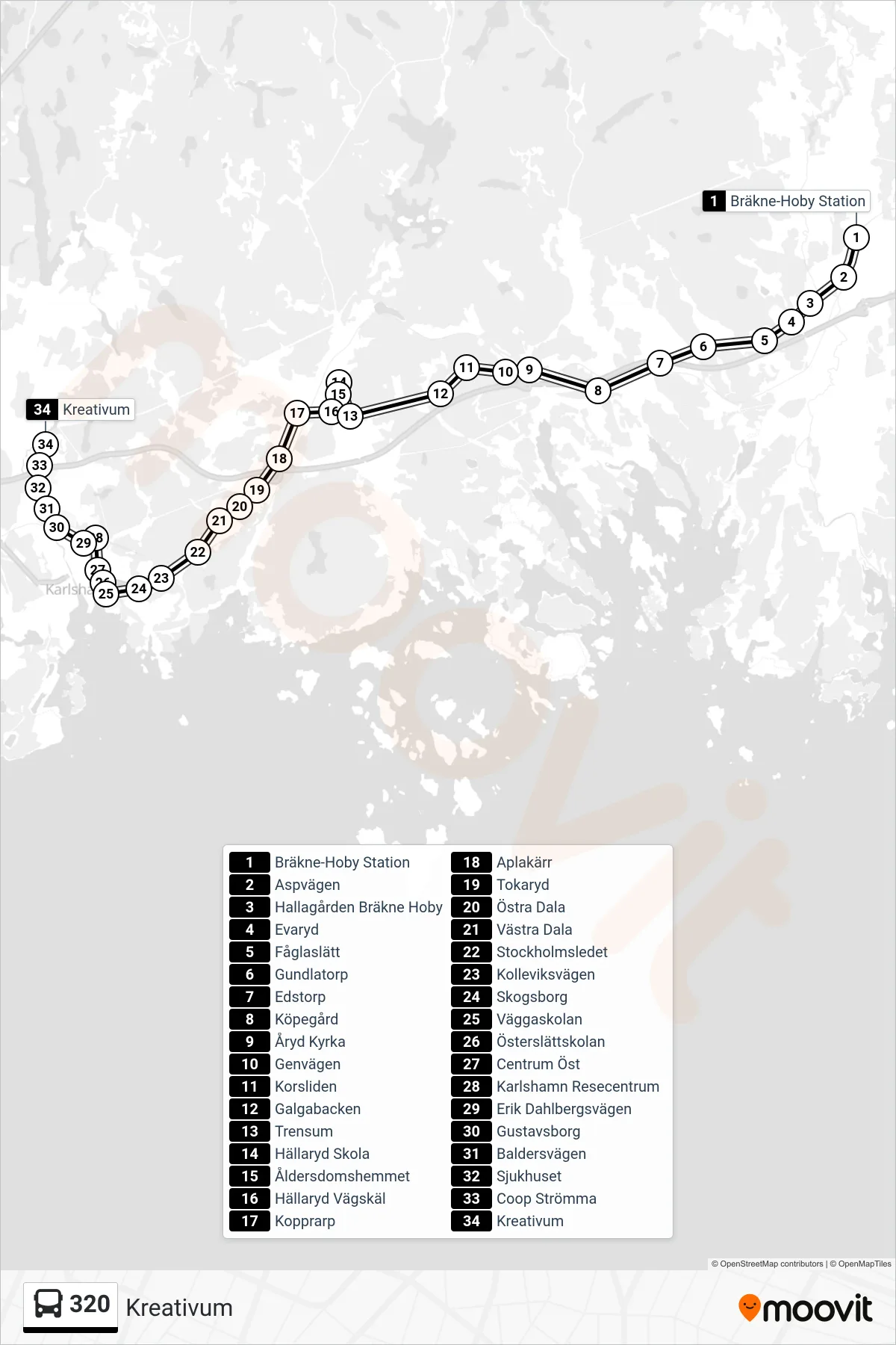 Rutt och hållplatser på karta för linje 320  buss, (Kreativum)