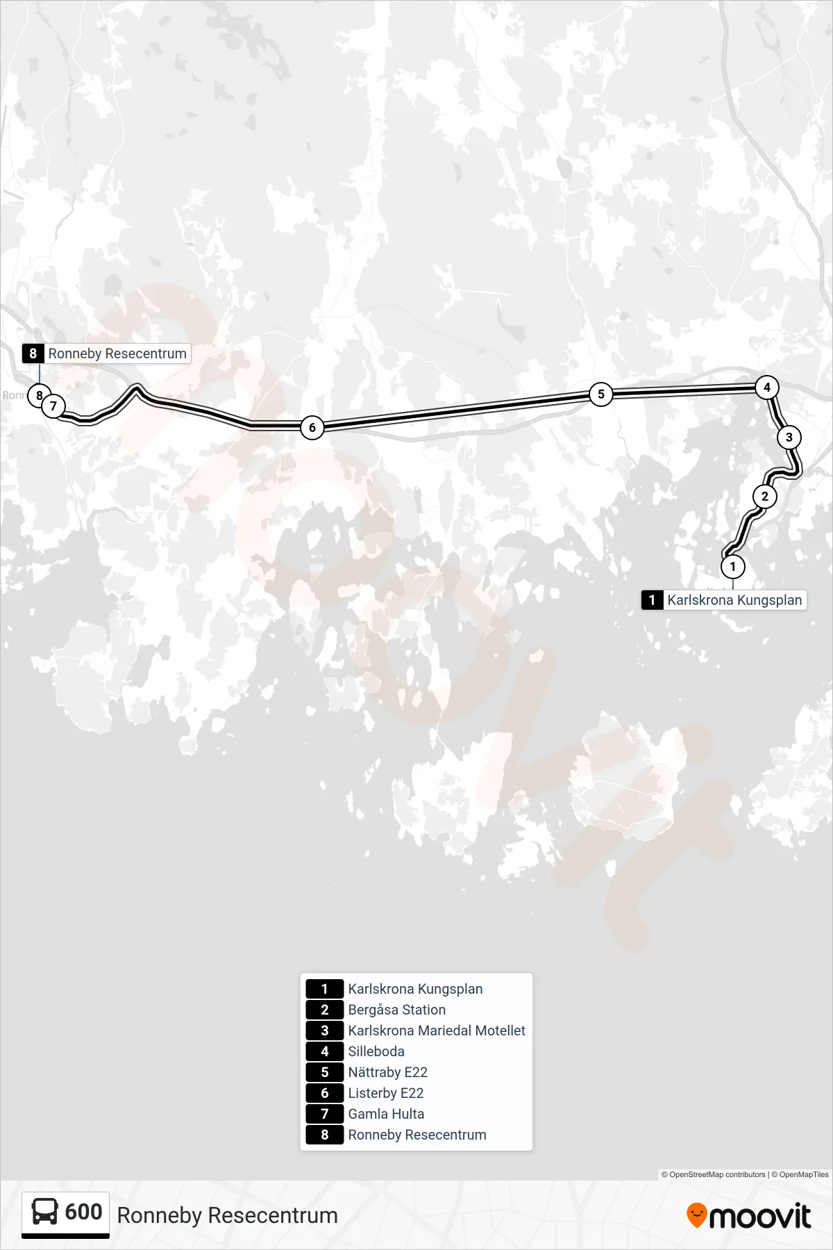 Rutt och hållplatser på karta för linje 600  buss, (Ronneby Resecentrum)