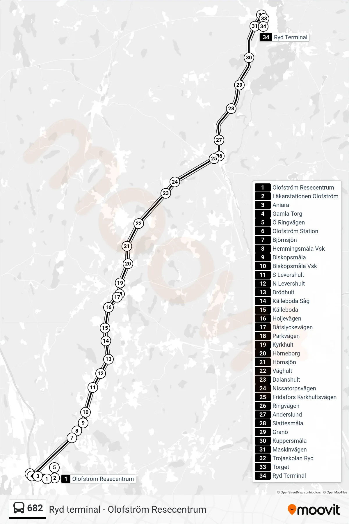 Rutt och hållplatser på karta för linje 682 buss, (Ryd Terminal)