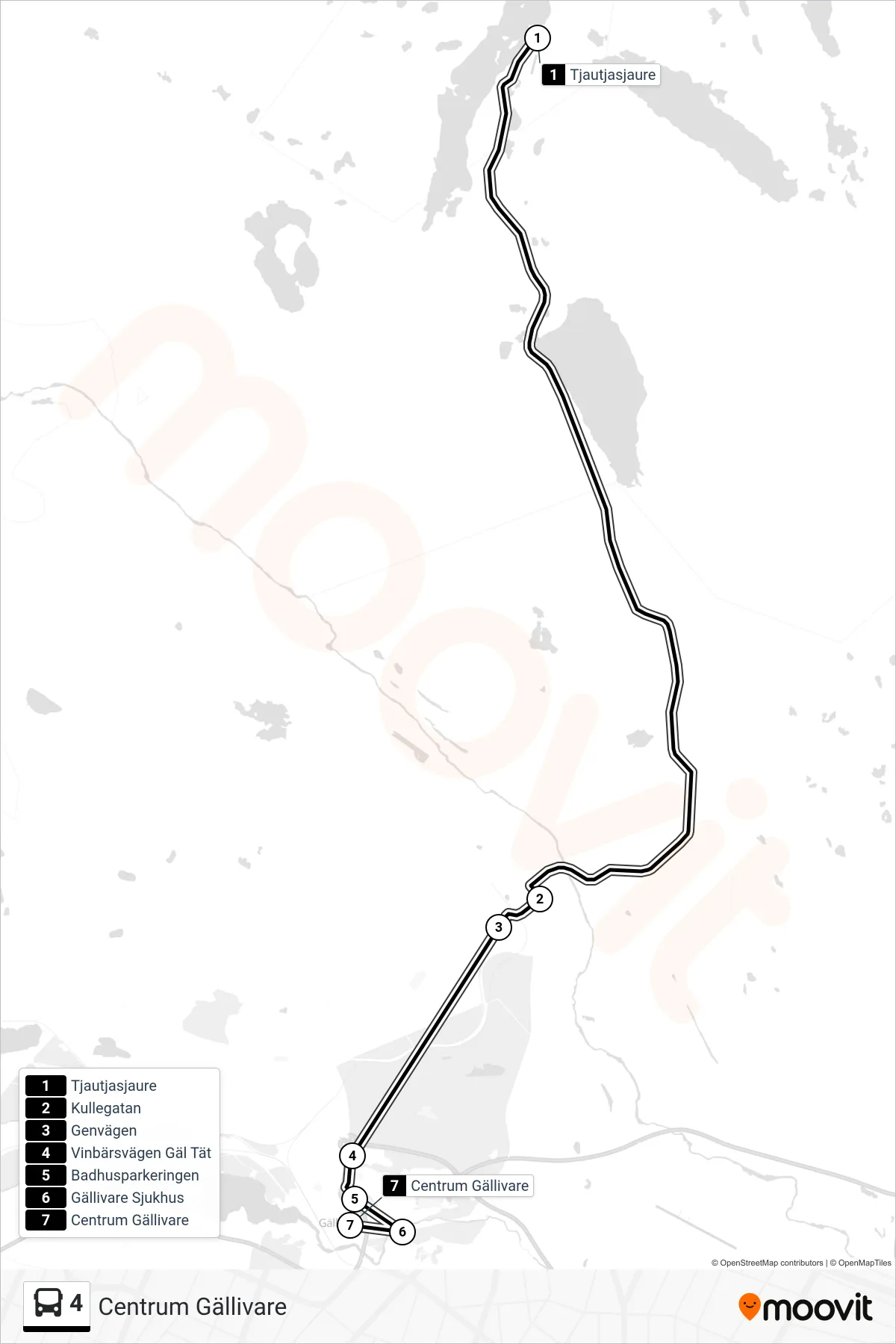 Rutt och hållplatser på karta för linje 4 spårvagn, (Centrum Gällivare)