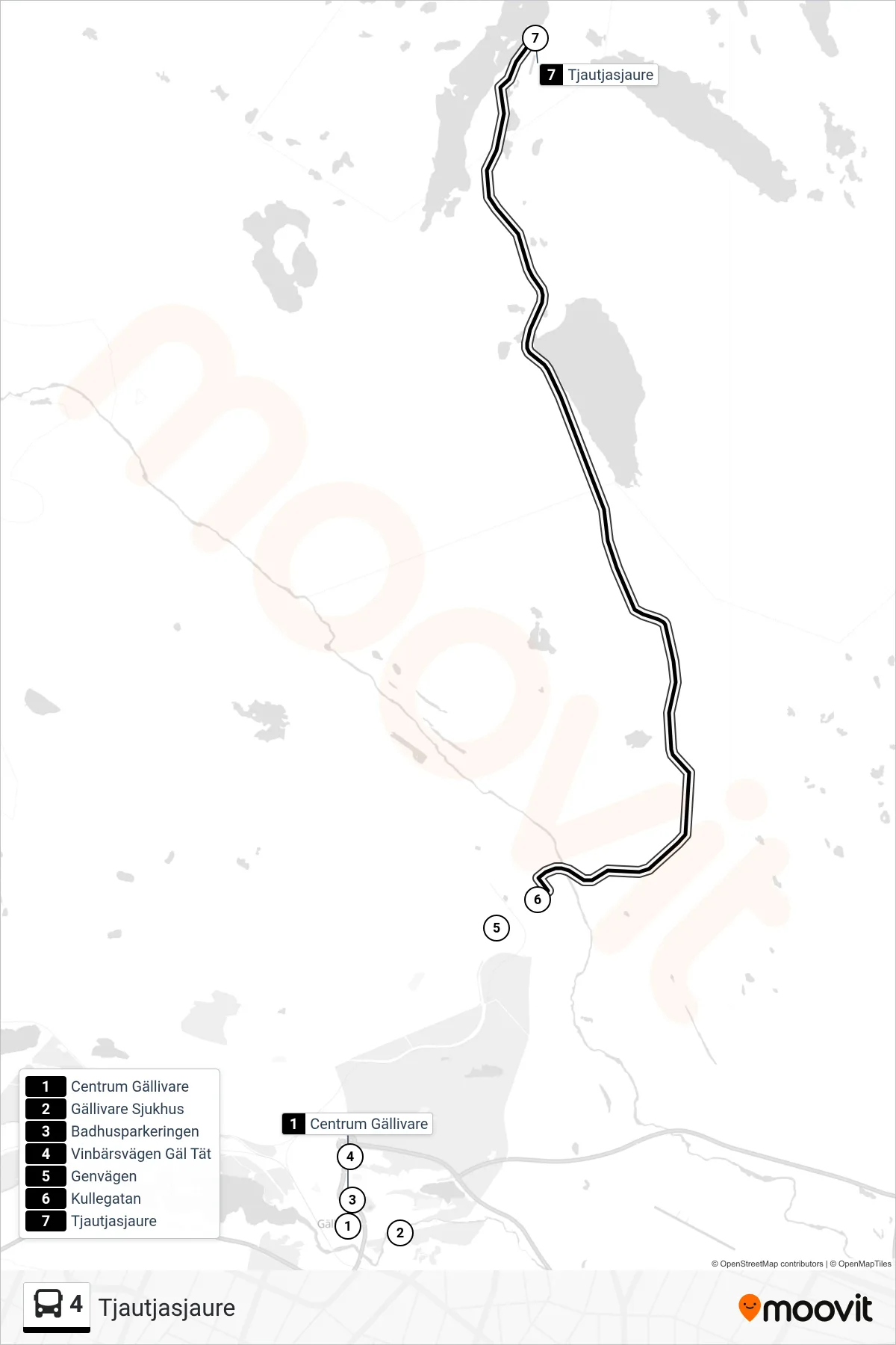 Rutt och hållplatser på karta för linje 4  spårvagn, (Tjautjasjaure)