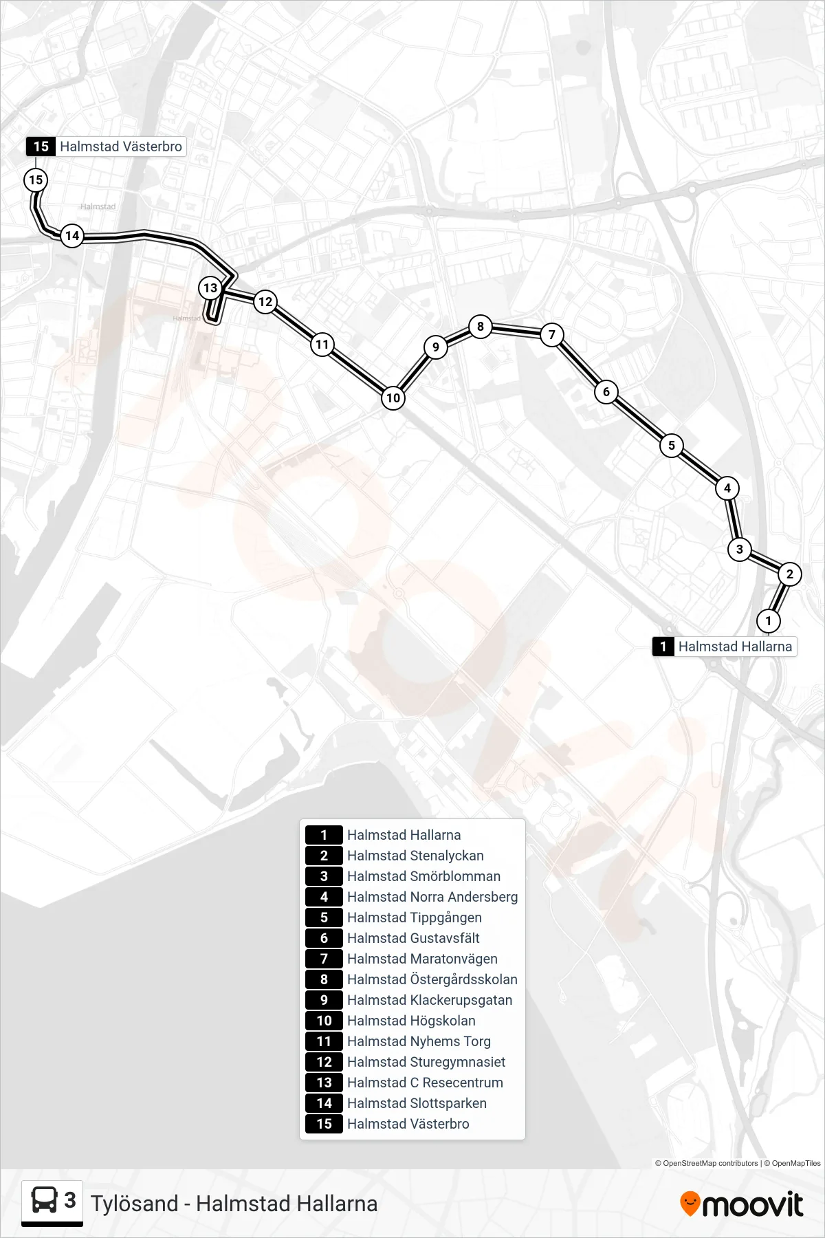 Rutt och hållplatser på karta för linje 3  spårvagn, (Halmstad Västerbro)