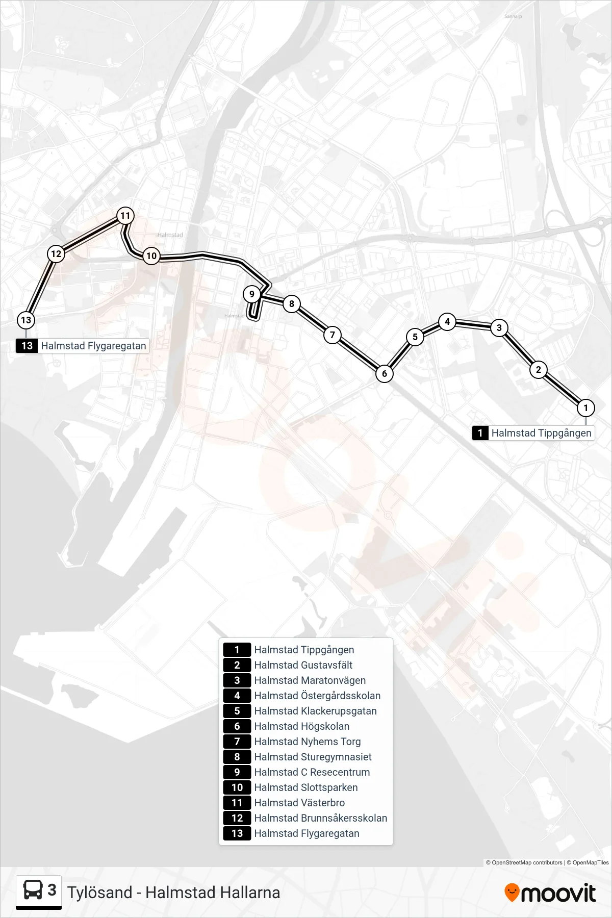 Rutt och hållplatser på karta för linje 3 spårvagn, (Halmstad Flygaregatan)