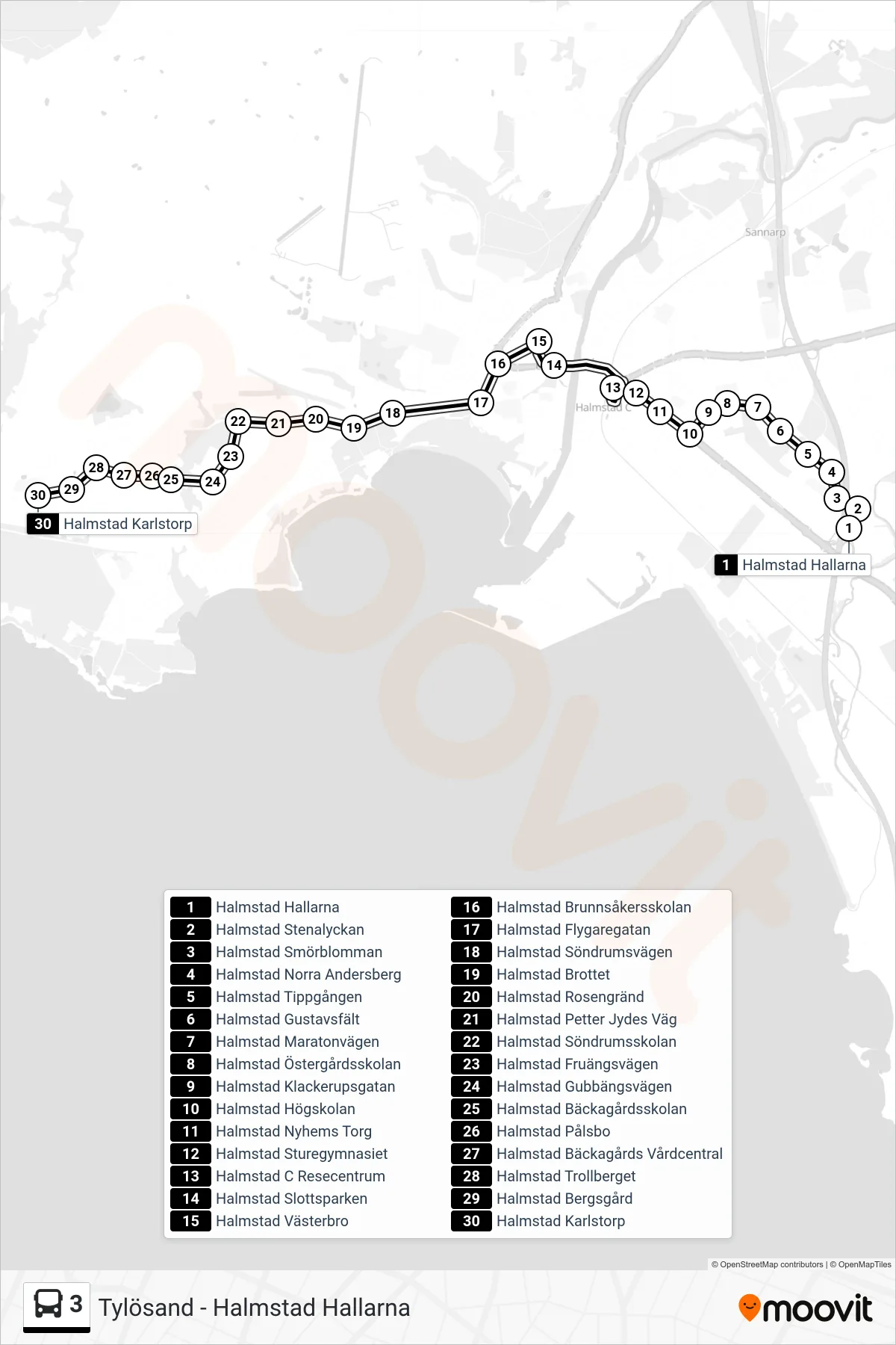 Rutt och hållplatser på karta för linje 3  spårvagn, (Halmstad Karlstorp)