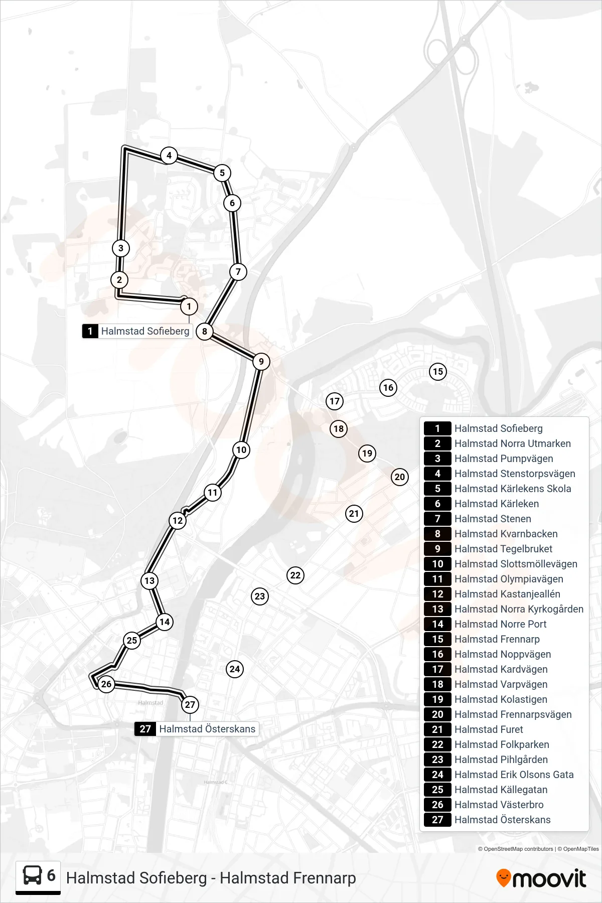 Rutt och hållplatser på karta för linje 6  spårvagn, (Halmstad Österskans)