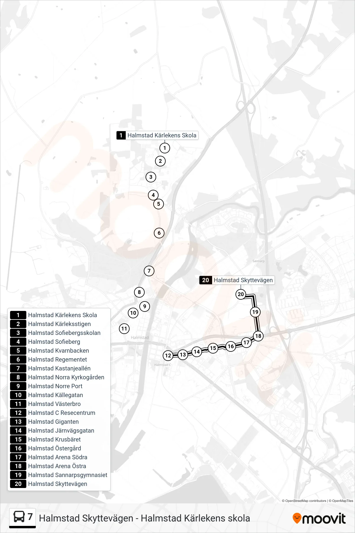 Rutt och hållplatser på karta för linje 7  spårvagn, (Halmstad Skyttevägen)