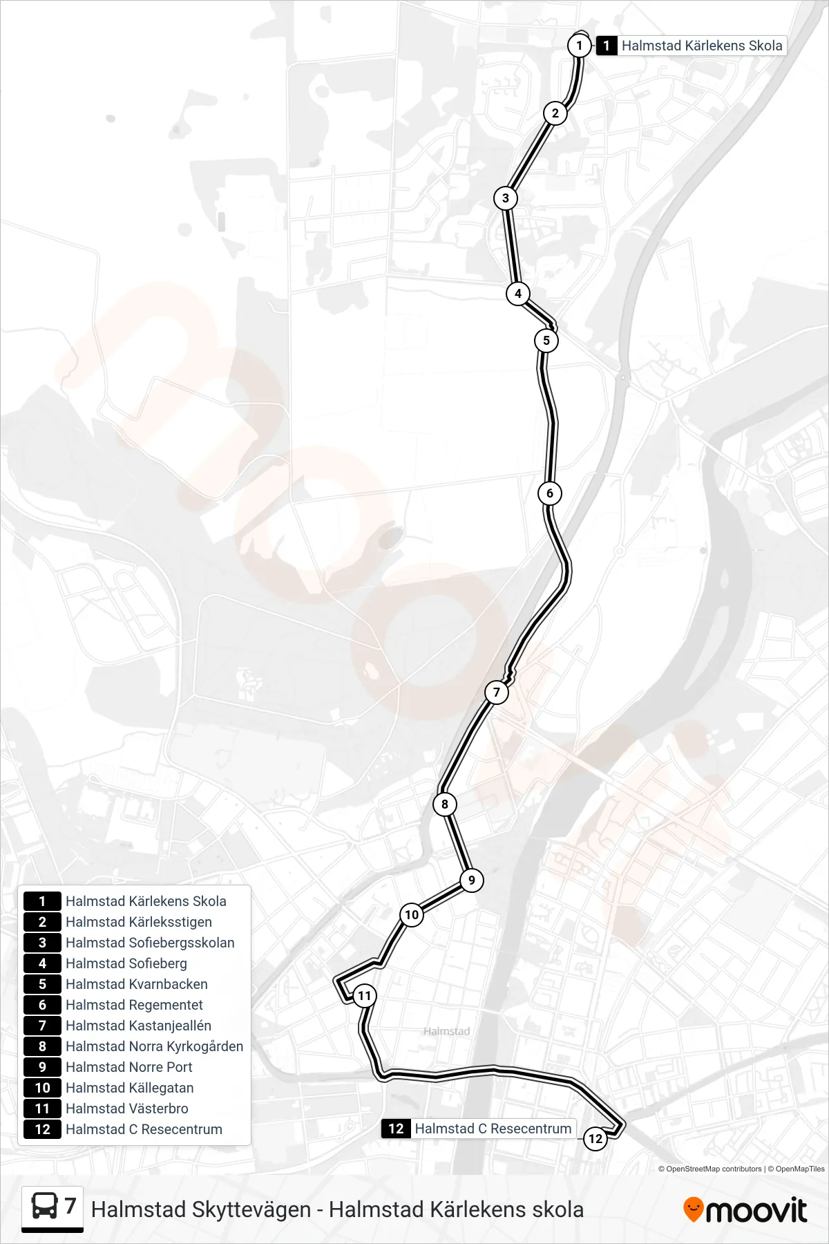 Rutt och hållplatser på karta för linje 7 spårvagn, (Halmstad C Resecentrum)