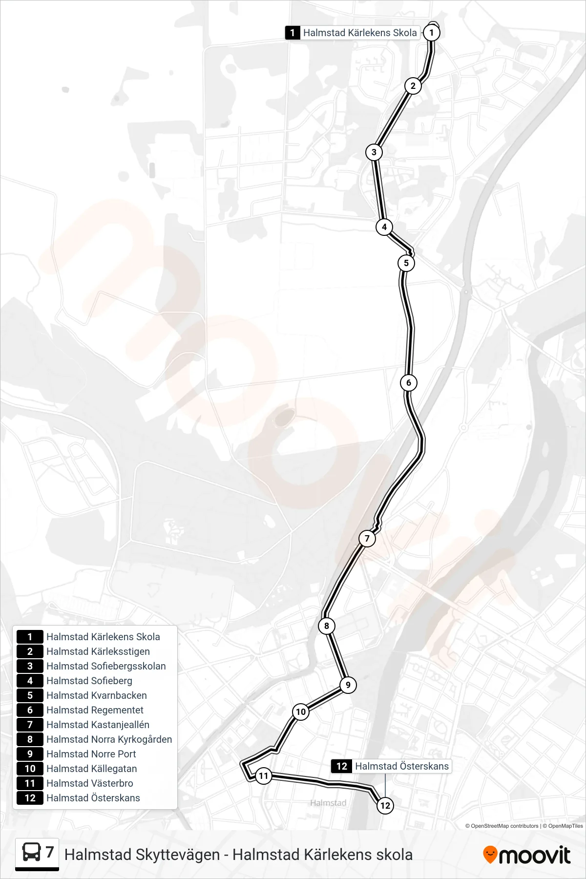 Rutt och hållplatser på karta för linje 7 spårvagn, (Halmstad Österskans)