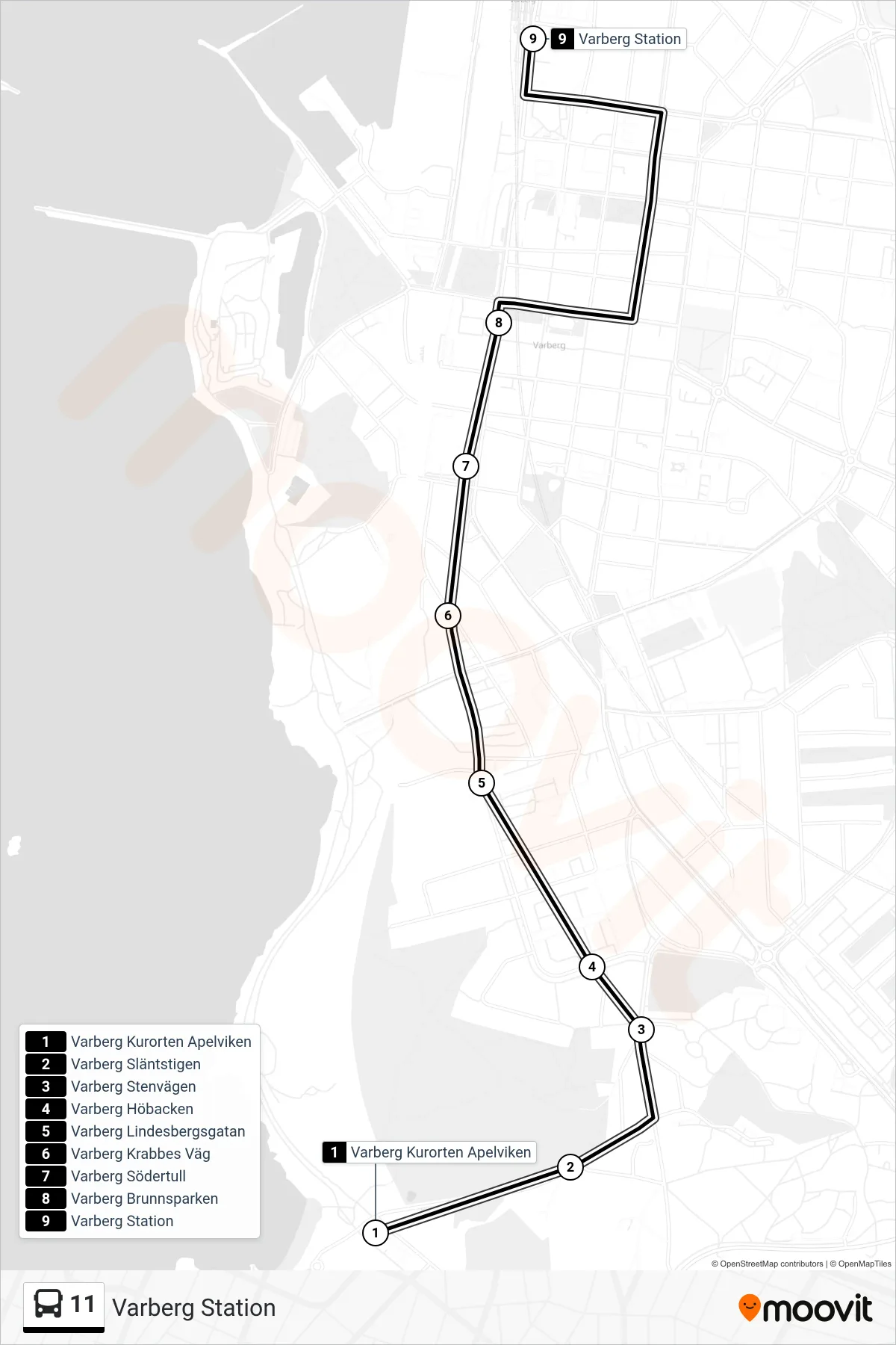 Rutt och hållplatser på karta för linje 11 spårvagn, (Varberg Station)