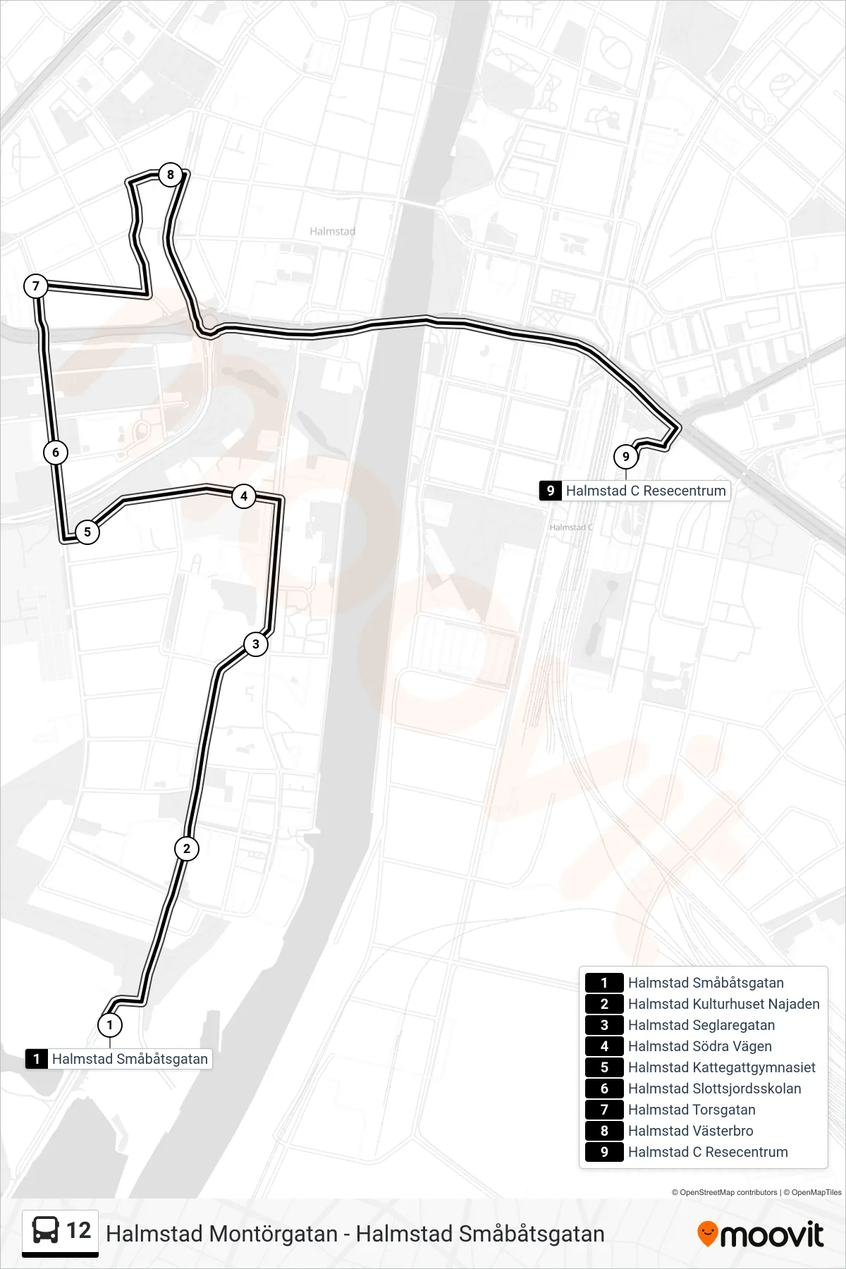 Rutt och hållplatser på karta för linje 12 spårvagn, (Halmstad C Resecentrum)