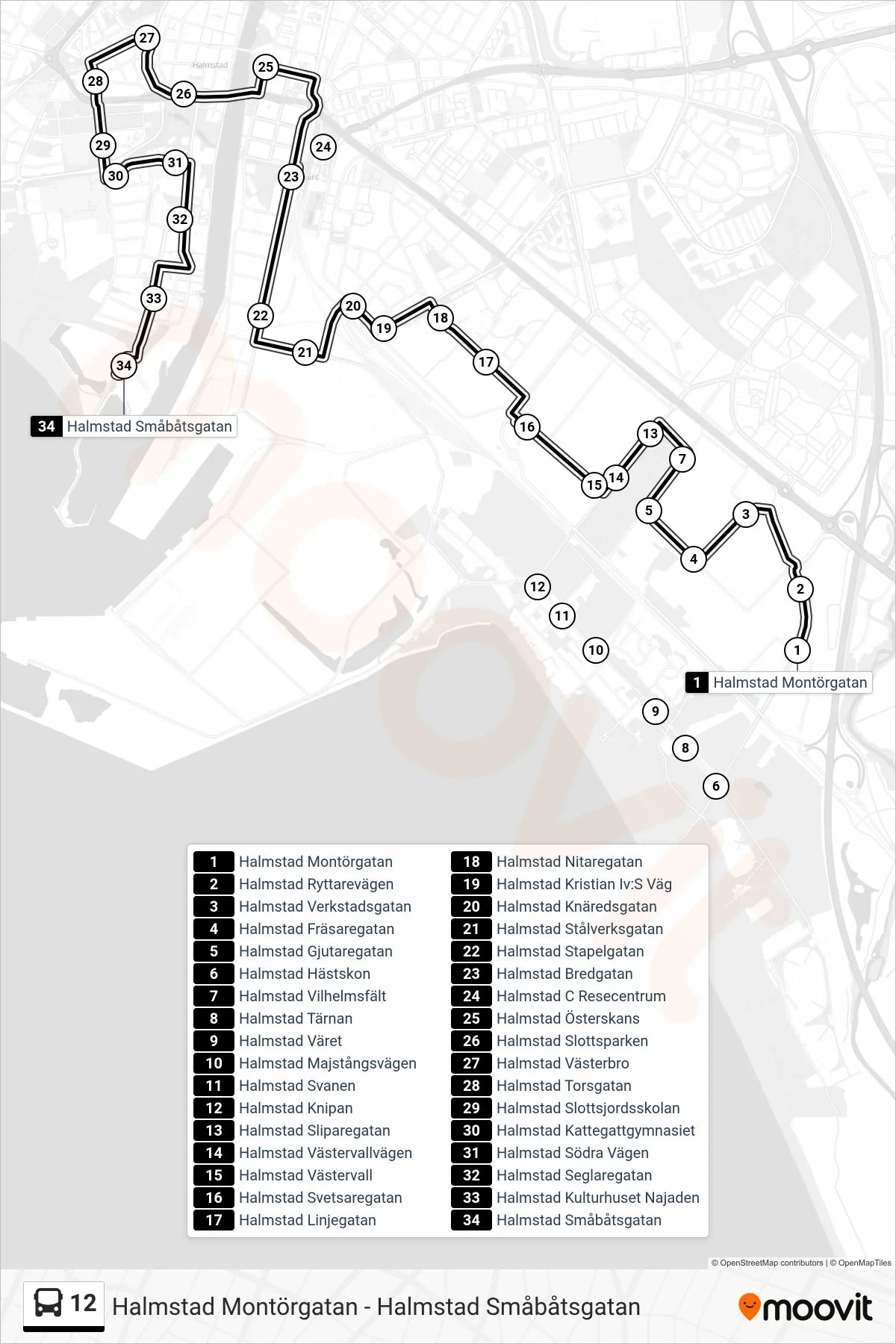 Rutt och hållplatser på karta för linje 12 spårvagn, (Halmstad Småbåtsgatan)