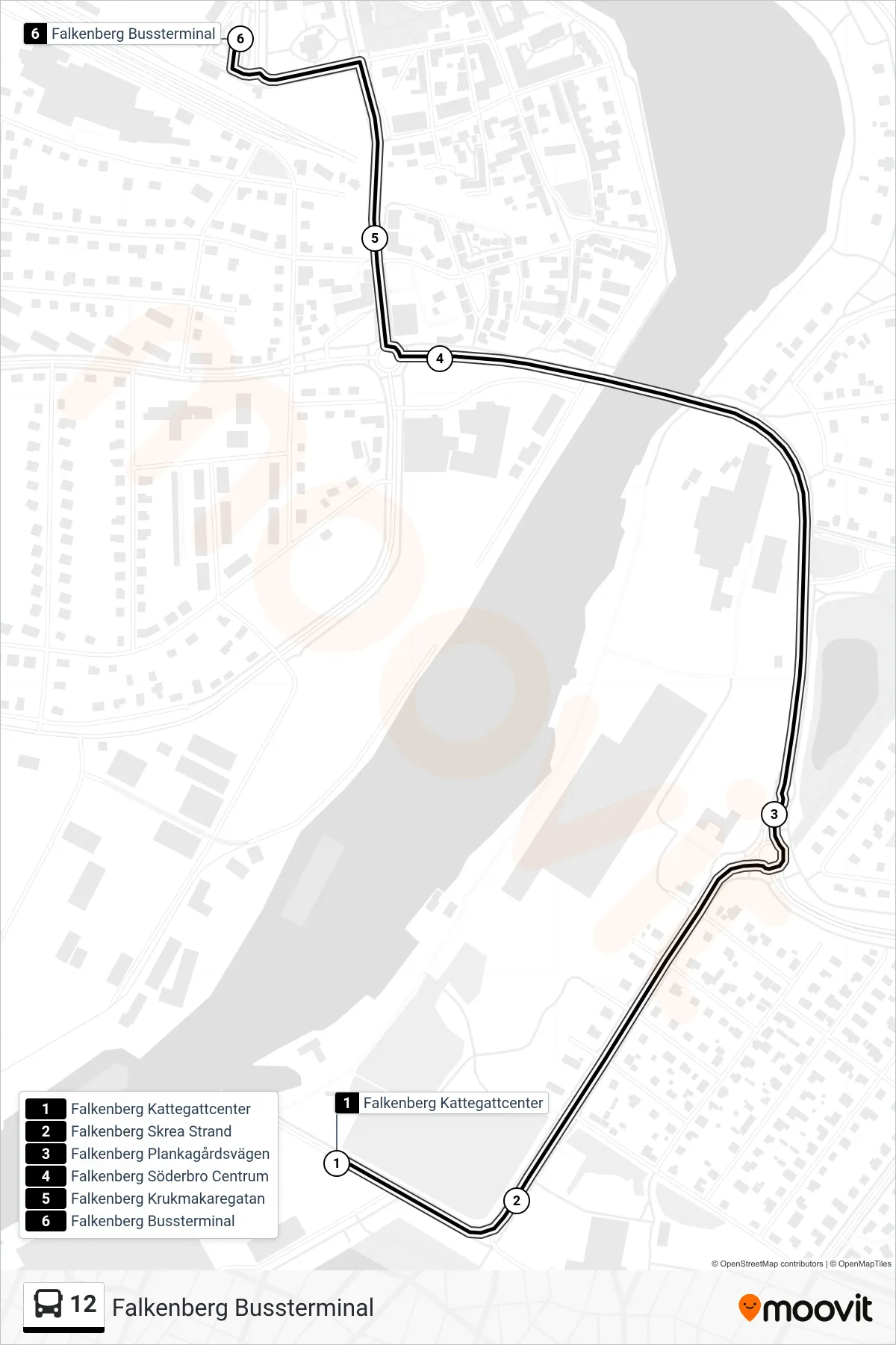 Rutt och hållplatser på karta för linje 12 spårvagn, (Falkenberg Bussterminal)