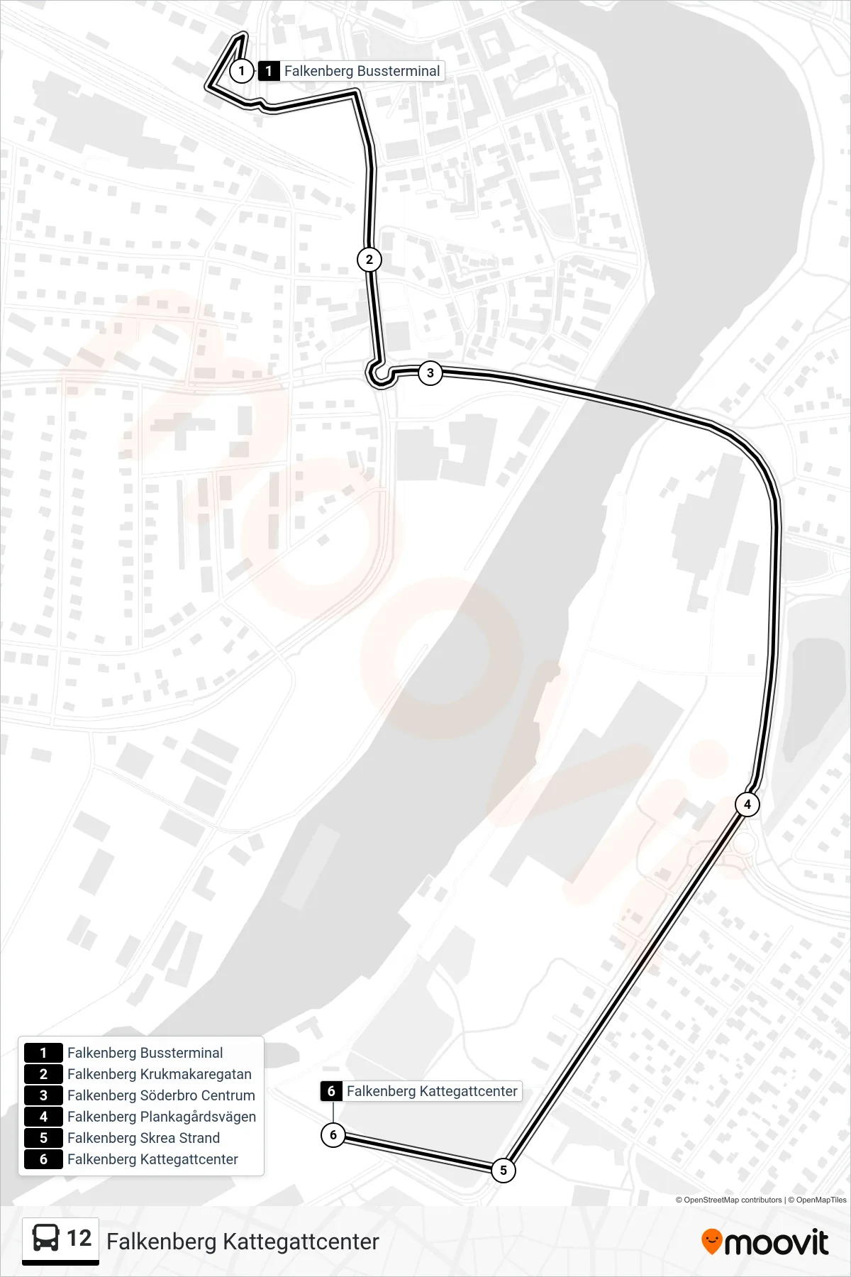 Rutt och hållplatser på karta för linje 12 spårvagn, (Falkenberg Kattegattcenter)