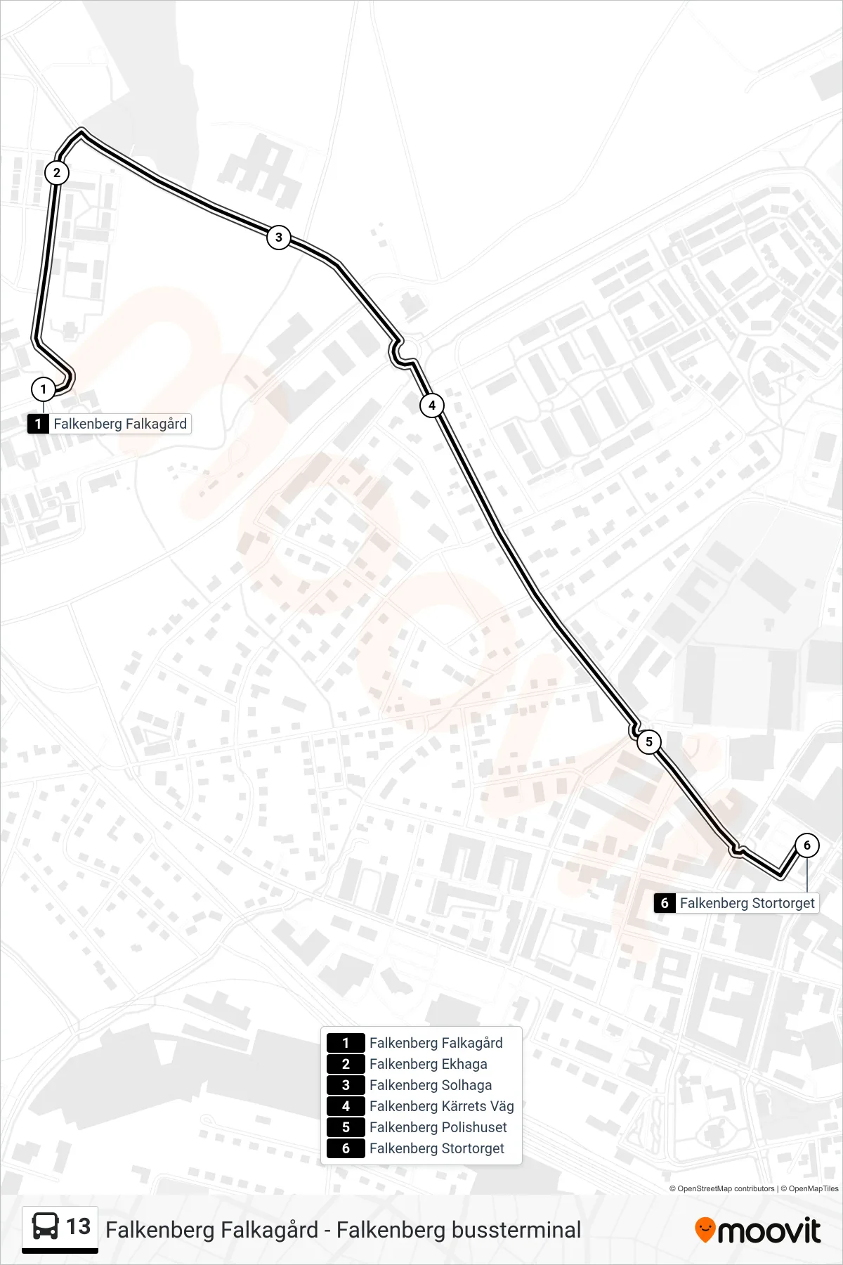 Rutt och hållplatser på karta för linje 13 spårvagn, (Falkenberg Stortorget)