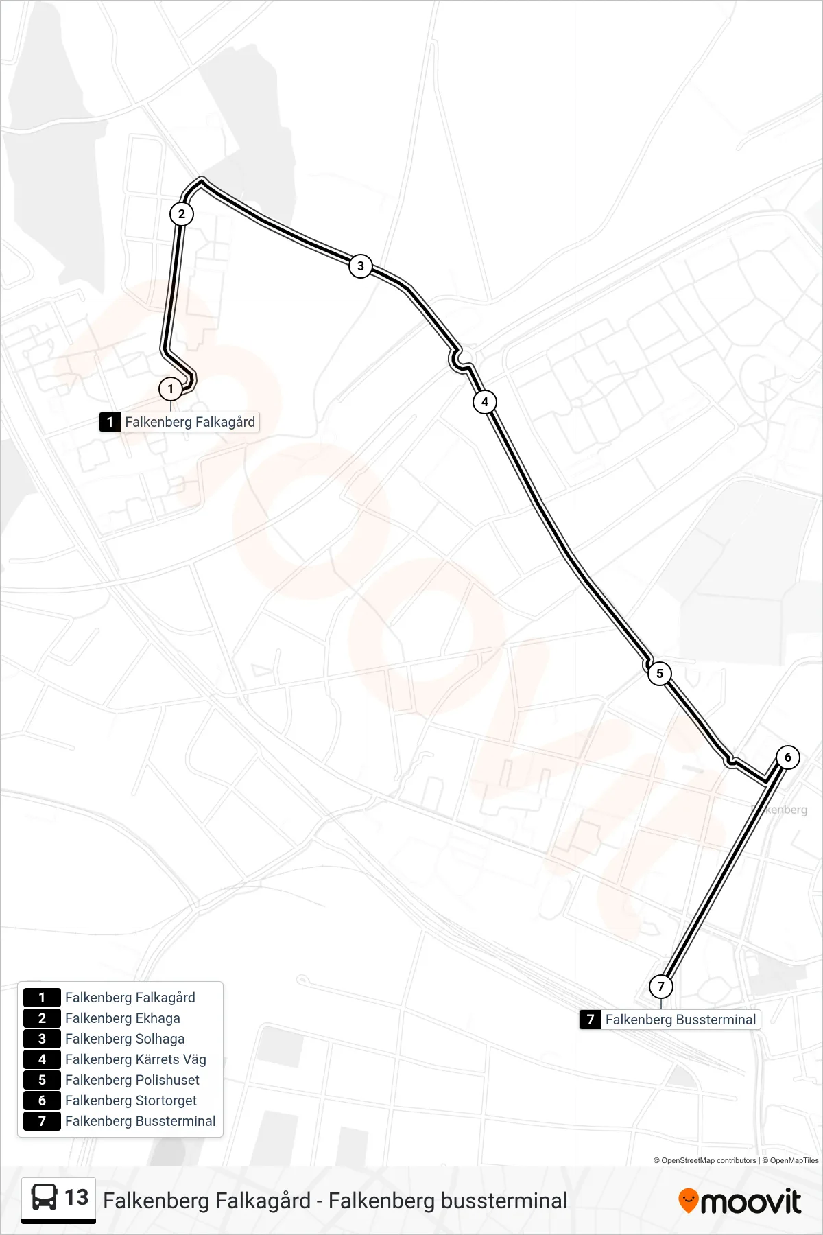 Rutt och hållplatser på karta för linje 13  spårvagn, (Falkenberg Bussterminal)